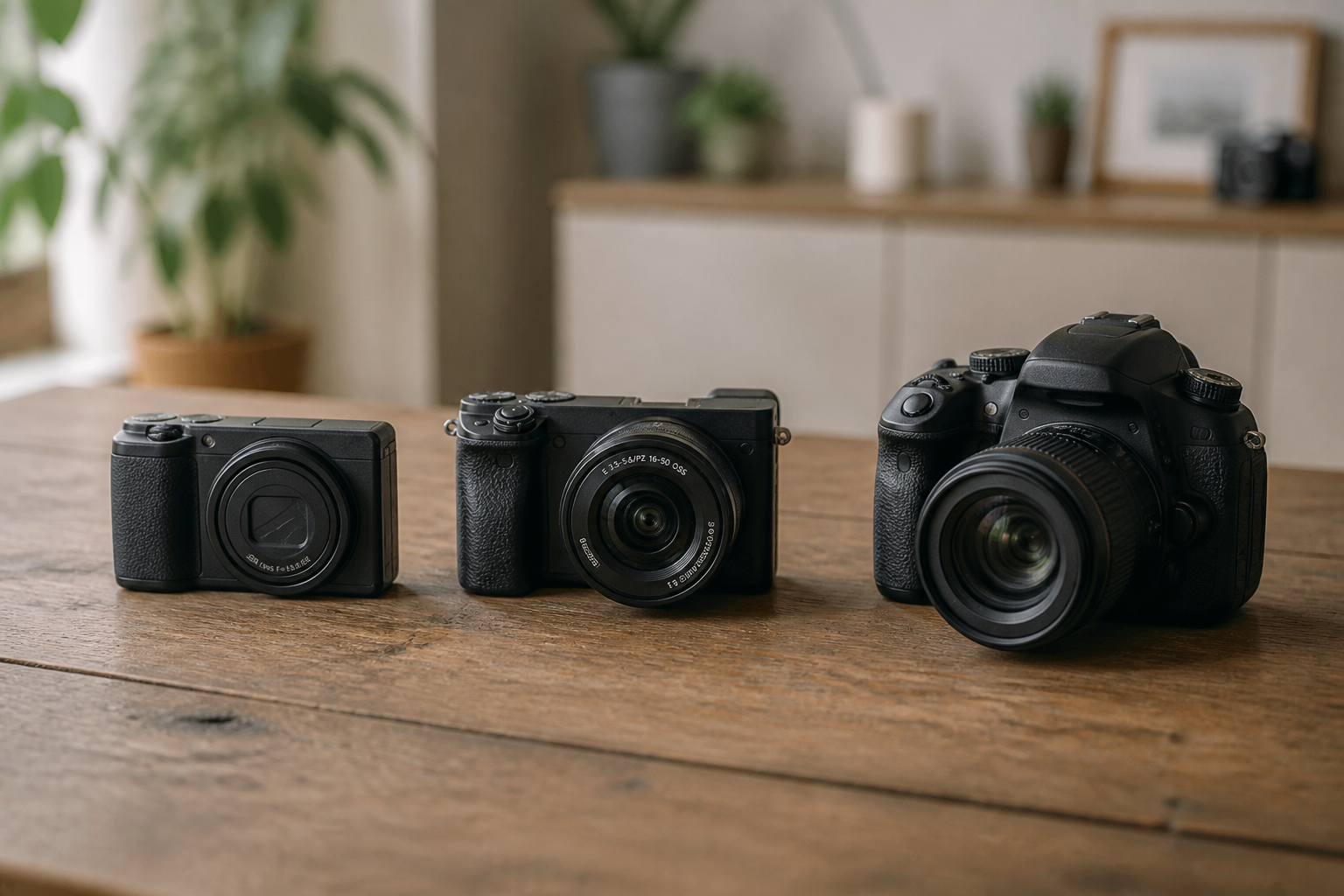Trois appareils photo posés côte à côte sur une table en bois : un compact, un hybride avec son objectif de kit et un reflex d'occasion