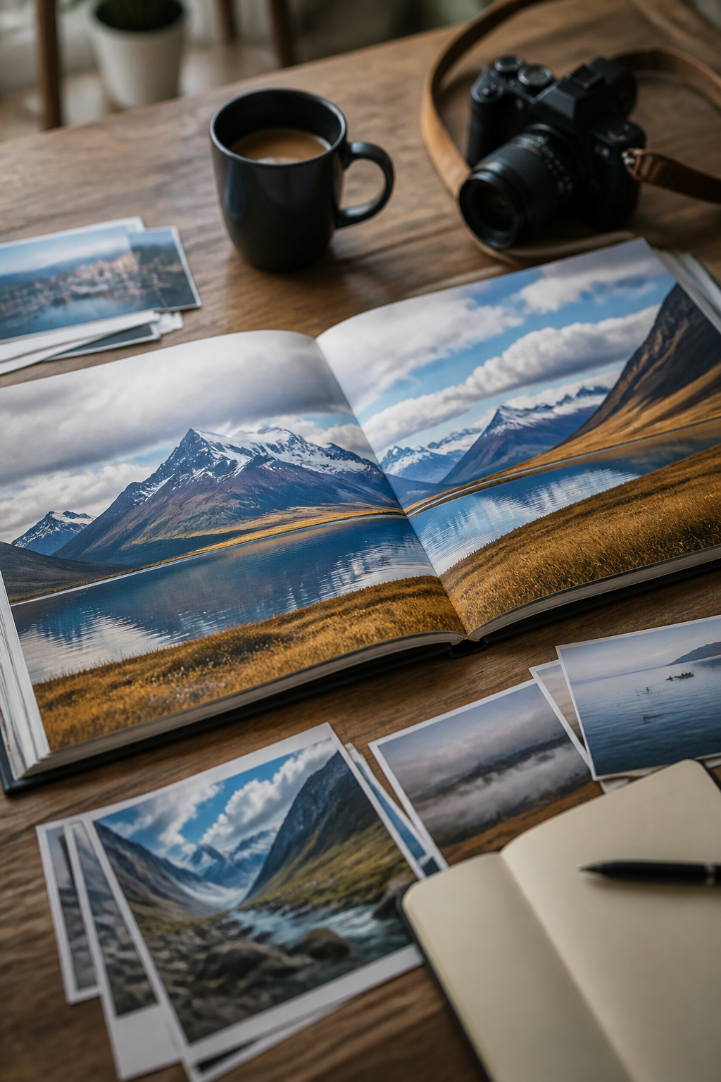 Un livre photo de voyage ouvert sur une double page montrant un paysage panoramique, entouré de tirages et d'un carnet de notes