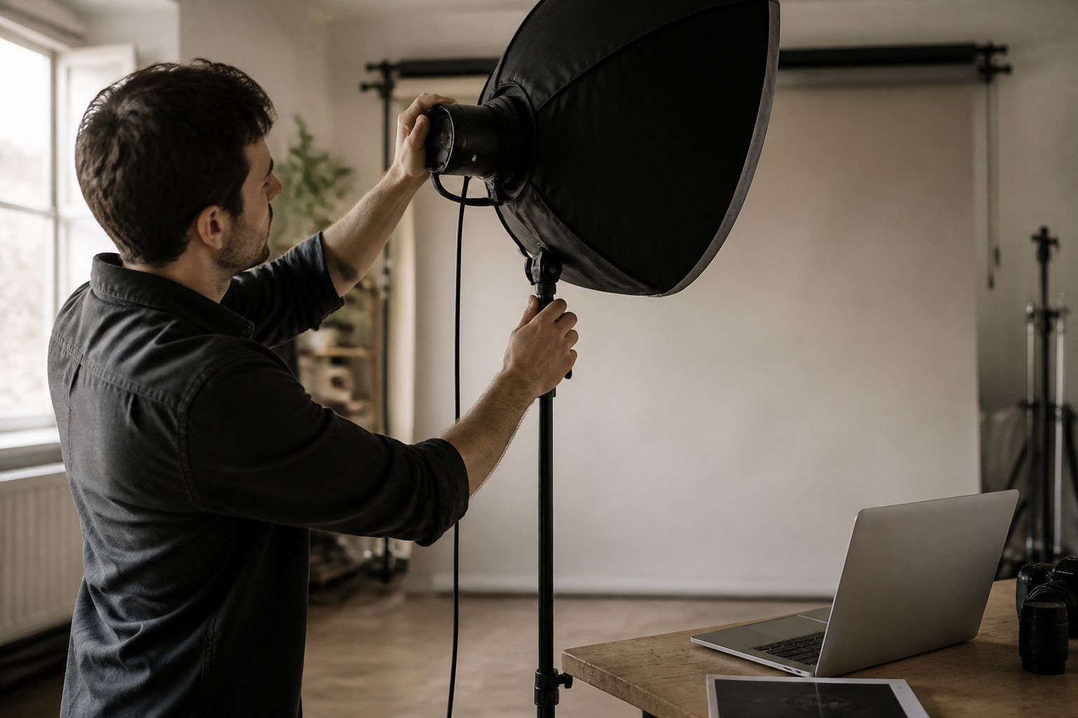 Un photographe au travail dans un petit studio, réglant un éclairage devant un fond neutre, ordinateur portable ouvert à côté