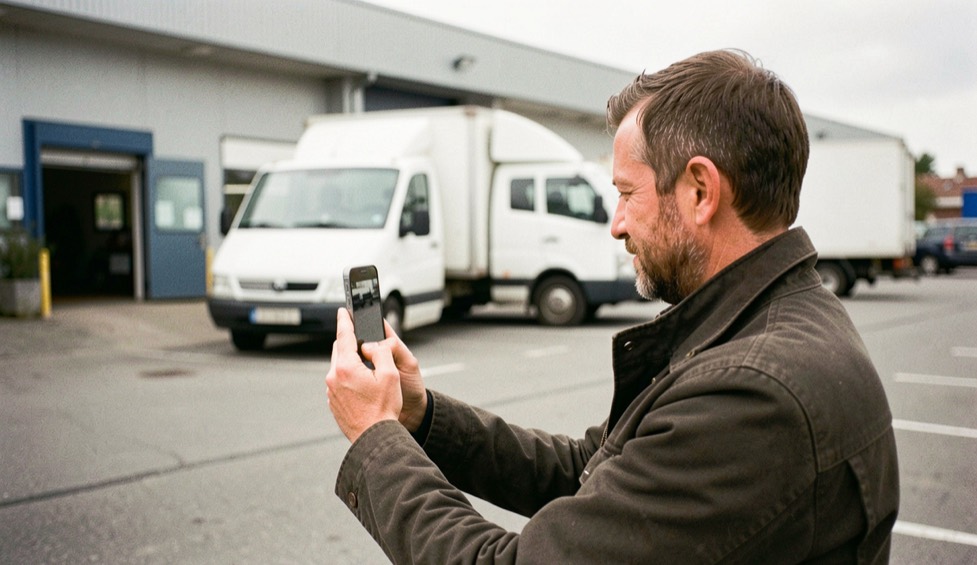 Un artisan tient son téléphone à hauteur de poitrine pour photographier son fourgon blanc sur le parking d'une zone d'activité, un autre fourgon flou à l'arrière-plan.
