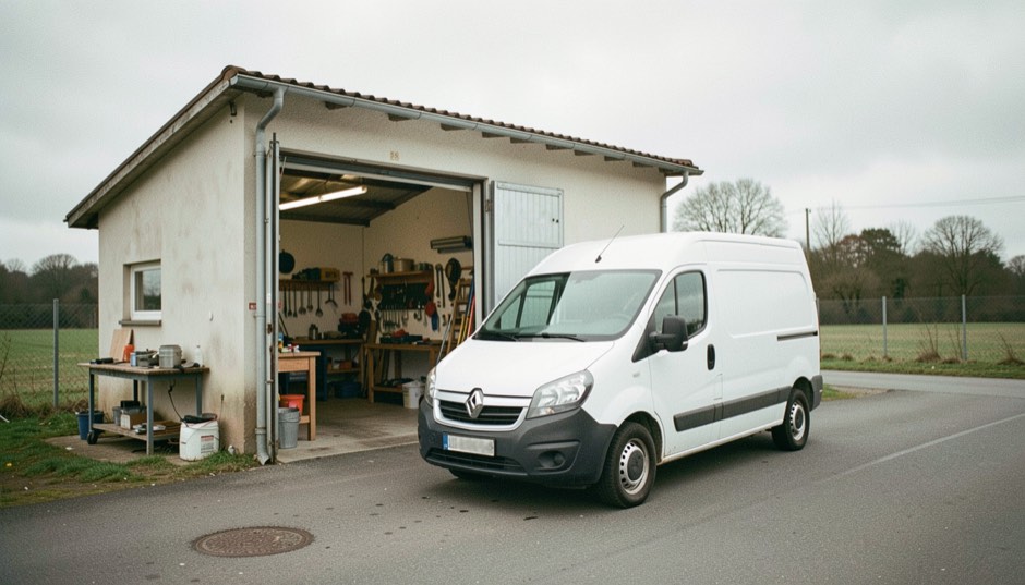 Un fourgon utilitaire blanc garé de trois quarts avant devant un petit atelier d'artisan, ciel couvert lumineux, portes arrière entrouvertes sur des outils rangés, sol propre.