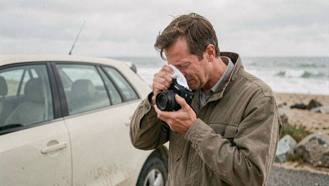 Un photographe essuie la lentille avant de son objectif avec un chiffon microfibre, debout à côté d'une voiture claire garée sur un front de mer venteux, boîtier tenu à deux mains.